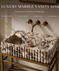 Calacatta Viola Marble Apron Sink, Hand-Carved Fluted Bathroom Washbasin on metal stand with warm marble tones.