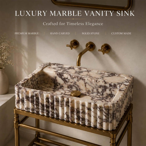 Calacatta Viola Marble Apron Sink, Hand-Carved Fluted Bathroom Washbasin on metal stand with warm marble tones.