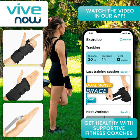 Carpal Tunnel Wrist Brace With Splint For Left Or Right Hand Adjustable Night Support shown on phone app and in action outdoors