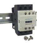 30 Amp 3 Pole Contactor Bundle With 110 To 120V Coil, Handles Motor Load 32A And Lighting 40A, Includes Slotted Steel Zinc Plated DIN Rail And Two Stainless Steel Truss Head Screws, Ready To Drop In For Industrial Control Panel Power installed on DIN rail