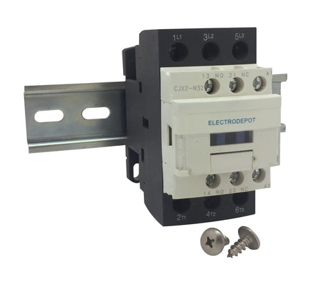 30 Amp 3 Pole Contactor Bundle With 110 To 120V Coil, Handles Motor Load 32A And Lighting 40A, Includes Slotted Steel Zinc Plated DIN Rail And Two Stainless Steel Truss Head Screws, Ready To Drop In For Industrial Control Panel Power installed on DIN rail