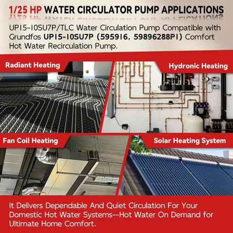 1/25 HP Heavy Duty Hot Water Recirculator Pump With Built In Digital Timer applications in radiant, hydronic, fan coil, and solar heating.