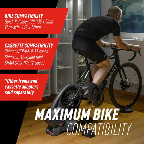 Person using Direto XR-T Direct Drive Bike Trainer With Accurate Power Readings, App Compatibility, And A Massive Flywheel indoors
