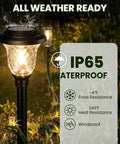 Eight Pack Solar Pathway Lights With Color Changing Multicolor Glass Stainless Steel All Weather Outdoor Pathway Landscape Yard Lights Waterproof Solar Powered 3 Mode For Garden Driveway Walkway showing IP65 waterproof and weather resistance.