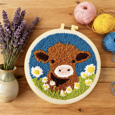 Beginner Punch Needle Kit With 20x20cm Hoop Cute Highland Cow And Daisy Design Complete Embroidery Starter Set for Adults and Kids