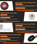 Dryer Repair Kit With W10837240 Idler Pulley For Whirlpool Maytag Admiral Kenmore Bravos Duet Dryers, parts list diagram
