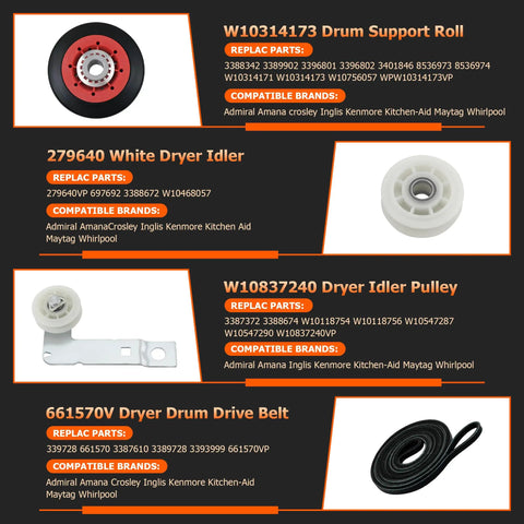 Dryer Repair Kit With W10837240 Idler Pulley For Whirlpool Maytag Admiral Kenmore Bravos Duet Dryers, parts list diagram