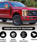 Red Ford Super Duty F-Series truck with Red Tow Hook Covers for Ford Super Duty F250 F350 F450 2017 2026 Hitch Cover Set Front Bumper Accessory Built Tough For Rugged F Series Trucks Easy Install Sleek Look, parked showing silicone durability icons.