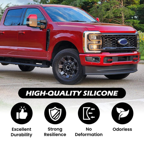 Red Ford Super Duty F-Series truck with Red Tow Hook Covers for Ford Super Duty F250 F350 F450 2017 2026 Hitch Cover Set Front Bumper Accessory Built Tough For Rugged F Series Trucks Easy Install Sleek Look, parked showing silicone durability icons.