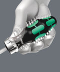 Hand holding Ratcheting 7 Pc Screwdriver Set With 1 Quarter Inch Drive, Fine Tooth Ratchet, Switchover Ring, visible details