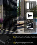 72 Inch Outdoor Privacy Screen With Stand features thickened frame, rust-proof screws, and base bracket beside a garden pool area.