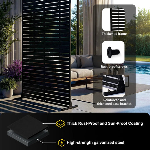 72 Inch Outdoor Privacy Screen With Stand features thickened frame, rust-proof screws, and base bracket beside a garden pool area.