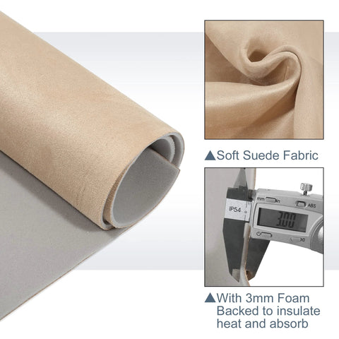 Beige suede headliner fabric roll with 3mm foam backing for automotive interior trim (front view).