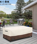 Outdoor Patio Coffee Table Cover 600D Waterproof Rugged Heavy Duty Table Cover For Beige And Brown 48 X 28 X 16 Inches Weatherproof Shield For Patio Furniture shown on deck with grill and chairs.