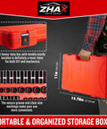 Super Heavy Duty 3/8 Inch Drive 6-Point Impact Socket Set Featuring A Sick Mix Of 44 Pieces Including Spark Plugs And Shallow Deep Cr-V Sockets For Metric Sae Bolts With Wrench Ratchet Kit Perfect For Your Garage Rig Work. red storage case with 44-piece CR-V sockets and size-marked tray