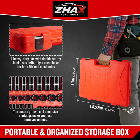 Super Heavy Duty 3/8 Inch Drive 6-Point Impact Socket Set Featuring A Sick Mix Of 44 Pieces Including Spark Plugs And Shallow Deep Cr-V Sockets For Metric Sae Bolts With Wrench Ratchet Kit Perfect For Your Garage Rig Work. red storage case with 44-piece CR-V sockets and size-marked tray