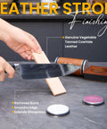 Rolling Knife Sharpener Kit in use with leather strop and knife, 3.86-inch wooden roller for smoother sharpening visible
