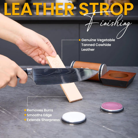 Rolling Knife Sharpener Kit in use with leather strop and knife, 3.86-inch wooden roller for smoother sharpening visible