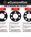 Diagram showing how to measure bolt patterns on 4-lug, 6-lug, and 8-lug wheels for trailer tires.