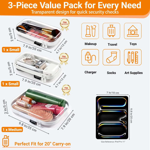 No Stress Clear Hard Shell Zipper Cases and Travel Organizers With Premium Rigid Body For Toiletries Makeup Supplies and Daily Tech Gear That Keeps Everything Sorted, 3-piece set, transparent with cosmetic items and chargers.