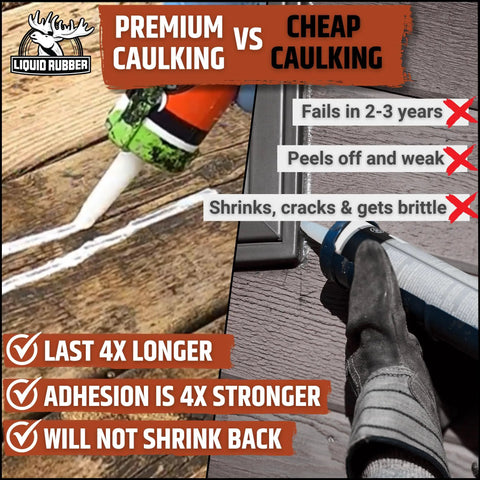 Image comparing application of Badass Grip Liquid Rubber Waterproof Sealant And Adhesive Caulk White 10 2 Oz Tubes Four Pack to cheap caulking.