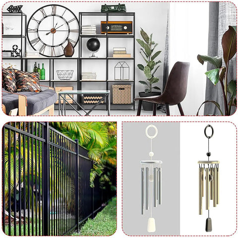 Collage showing home shelving, garden fence, and wind chimes illustrating uses for aluminum tubing in various projects.