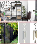 Collage of modern living room, metal fence, and wind chimes highlighting diverse home and garden decor and accessories.