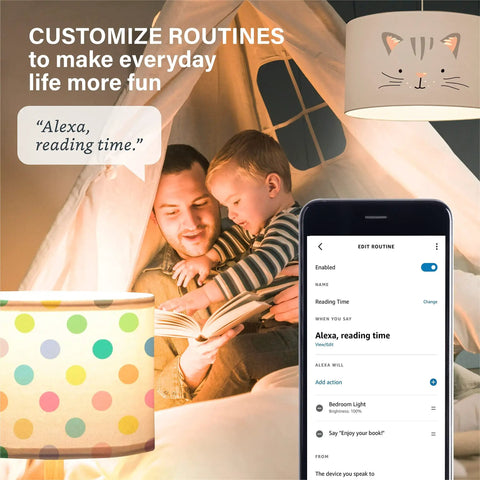 Family using Alexa Enabled Smart Light Bulbs Four Pack With Auto Pairing for reading routine, smartphone showing Alexa setup.