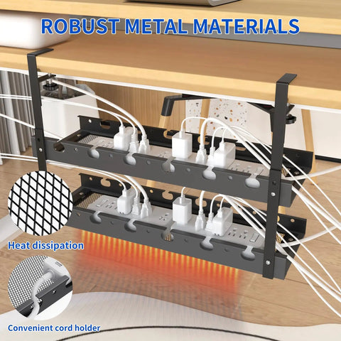 Under Desk Cable Management Tray With Clamp For No Drill Setup, showcasing sturdy metal wire system holding cords under a desk.