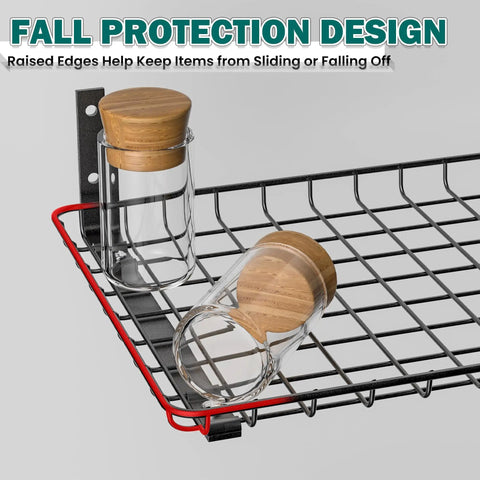 Heavy Duty Wall Mounted Garage Shelves 12x18 Inches Two Pack, Metal Shelf Rack showing fall protection design with glass jars
