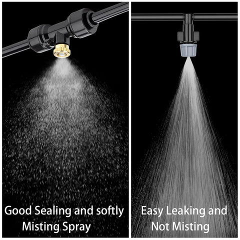Comparison of misting nozzles: 20 Pack Brass Misting Nozzles, 20 Pack Misting Nozzle Tees, And 2 End Plugs For Outdoor Patio Cooling System Bundle