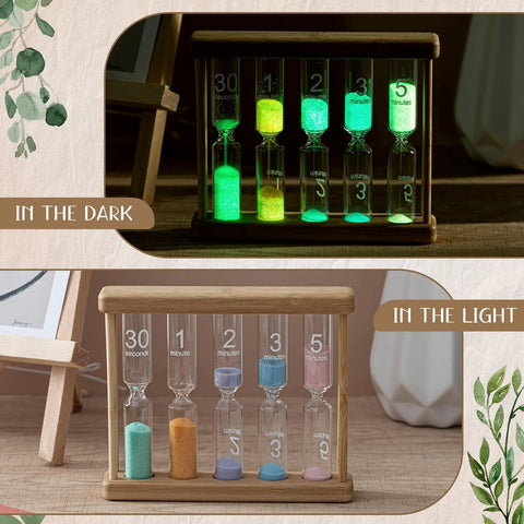 Glow In The Dark Sand Timer Set 0.5 1 2 3 5 Minute Wooden Hourglass in light and dark settings