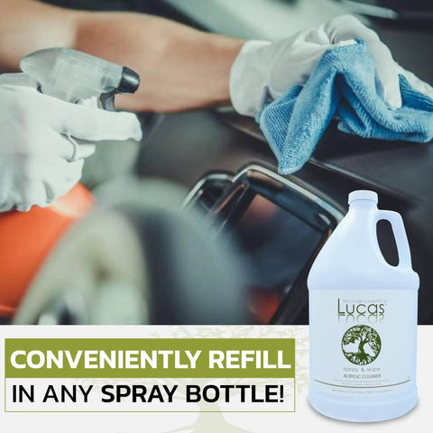 Person cleaning a car surface with Acrylic Cleaner Spray For Plexiglass And Non Porous Surfaces Streak Free Ready To Use Formula Alcohol And Ammonia Free For Windows Mirrors Electronics Salon And Spa Safe Tanning Bed Friendly 1 Gallon, with spray bottle and cloth