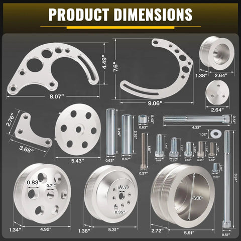 Product dimensions for Chevy Small Block Serpentine Conversion Kit With Polished Billet Aluminum Pulleys And Brackets 8 Rib Serpentine System