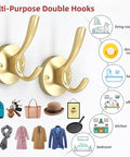 Heavy Duty Gold Wall Mounted Coat Hooks Set Of 8 With Brass Brushed Finish Robe Hangers for versatile home organization use.