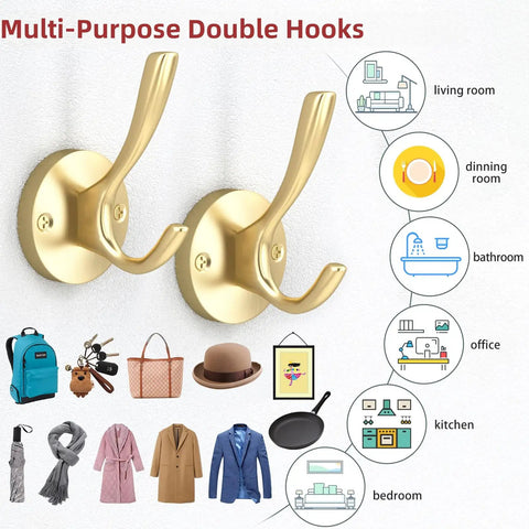 Heavy Duty Gold Wall Mounted Coat Hooks Set Of 8 With Brass Brushed Finish Robe Hangers for versatile home organization use.