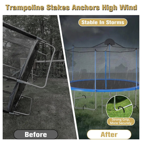 Before and after using Heavy Duty Trampoline Stakes 12 Inch U Shaped Ground Anchors in windy weather.
