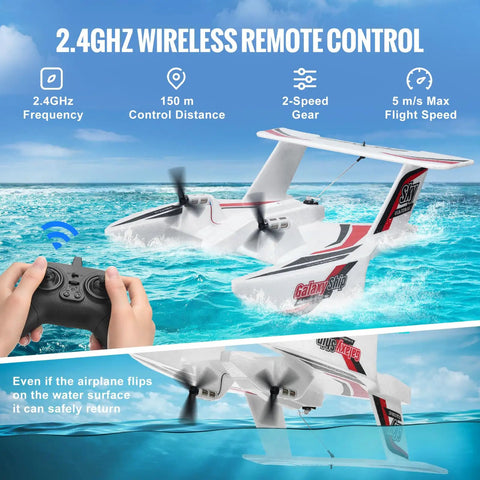 2.4GHz 3Ch RC Airplane Amphibious Ready To Fly With 6 Axis Gyro Stabilizer And Dual Batteries shown in flight over water