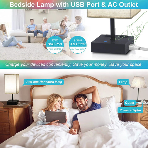 RGBW Touch Lamp With USB Port And AC Outlet, 4 Color Mood Nightstand Light shown on bedside table in bedroom with users
