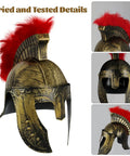 Knight Helmet And Spartan Spear Prop Set For Costume, Gladiator Themed Gear For Halloween, helmet closeup with red feather crown