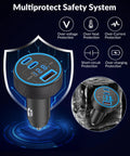 130W 3 Port USB C Car Charger With Voltage Display showing protection features like over-voltage and over-heat on a shield icon