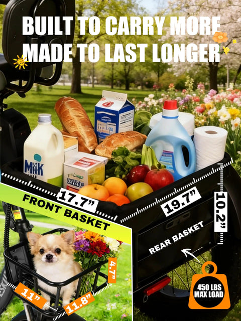 Long Range Electric Trike For Adults With 998.4Wh Battery And 1200W Peak Motor Fat 20x4.0 Tires Foldable 3 Wheel Butterfly Handlebar Built In Storage Bags Comfortable Upright Ride Black front and rear baskets with 450 lb max load