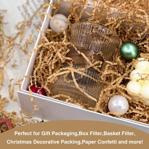 Gift box with 2Lb Crinkle Cut Paper Shred Filler For Gift Baskets And Packaging, Kraft color, used for decorative padding.
