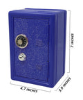 Metal Kids Safe Bank With Key And Combination Lock In Blue, Durable mini lockbox for kids with combo dial and keyhole, 7-inch tall.