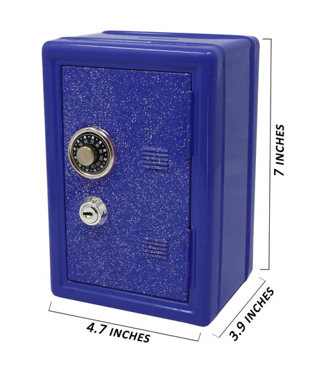 Metal Kids Safe Bank With Key And Combination Lock In Blue, Durable mini lockbox for kids with combo dial and keyhole, 7-inch tall.