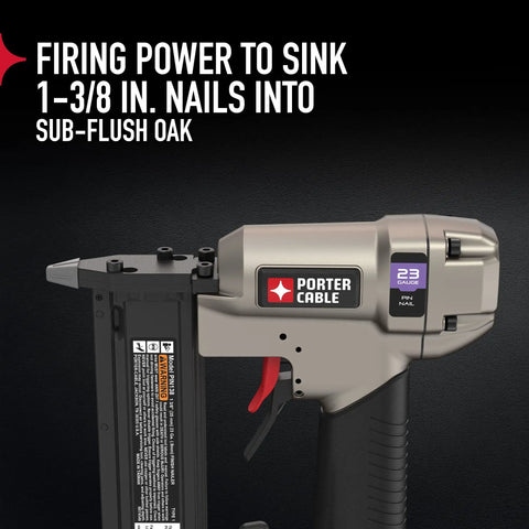 23 Gauge Pin Nailer 1-3-8in for Trim and Finish Work, Refurbished and Ready to Roll, side view with label and depth adjustment