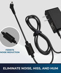 Beefy 9V Guitar Pedal Power Supply with 1.7A regulated output shown with noise reduction cable and plug
