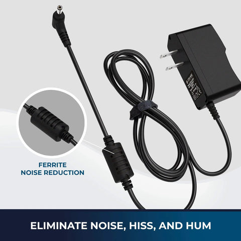 Beefy 9V Guitar Pedal Power Supply with 1.7A regulated output shown with noise reduction cable and plug