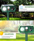 Solar Ultrasonic Animal Repellent Dual Action With Motion Sensor And Flashing Light Keeps Critters Like Squirrels Raccoons And Rabbits Out Of Your Yard And Garden Outdoor 2 Pack, waterproof solar stake