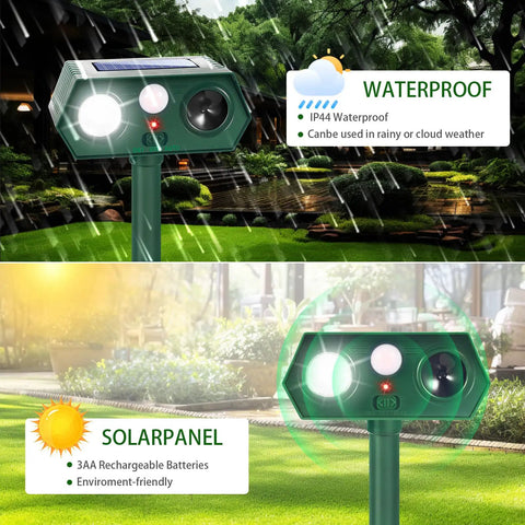 Solar Ultrasonic Animal Repellent Dual Action With Motion Sensor And Flashing Light Keeps Critters Like Squirrels Raccoons And Rabbits Out Of Your Yard And Garden Outdoor 2 Pack, waterproof solar stake